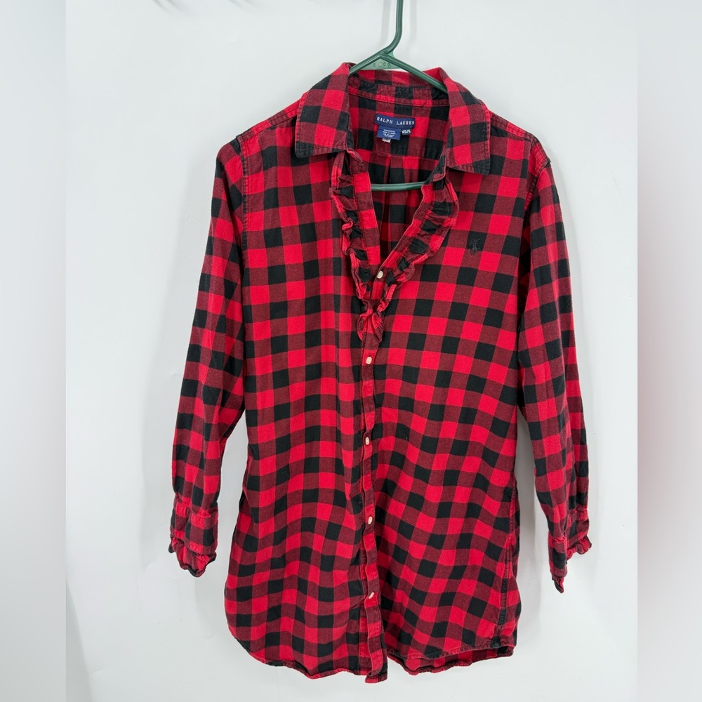 Ralph Lauren 100% cotton buffalo check flannel tunic  top w/ruffled accents S/XS